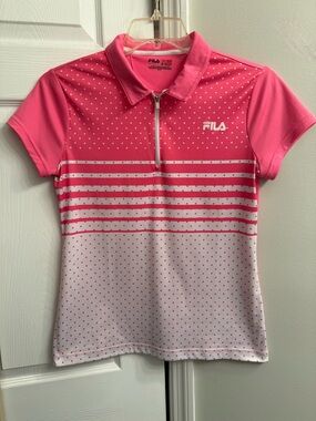 FILA Pink and White Polka Dot Zip Polo